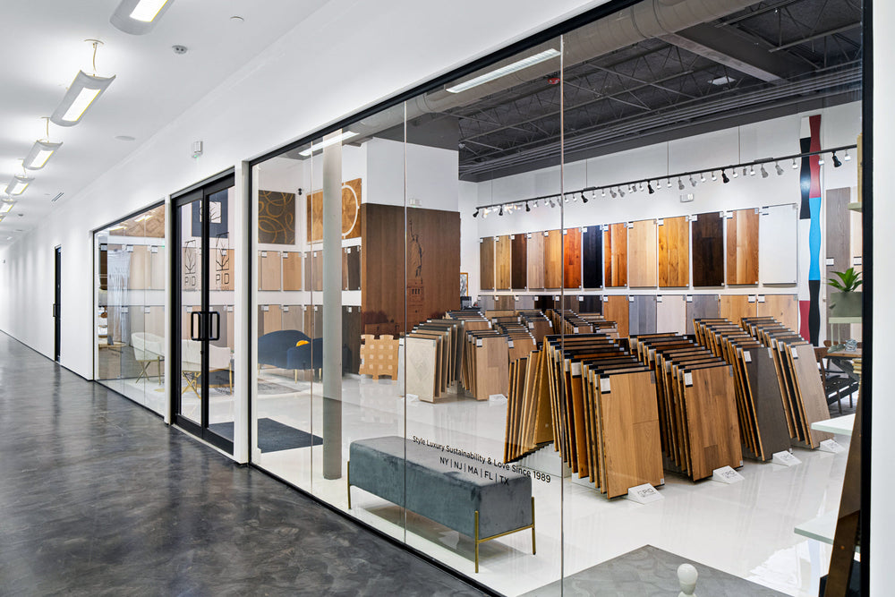 PID Floors showroom at South Florida Design Park showcasing premium hardwood flooring.