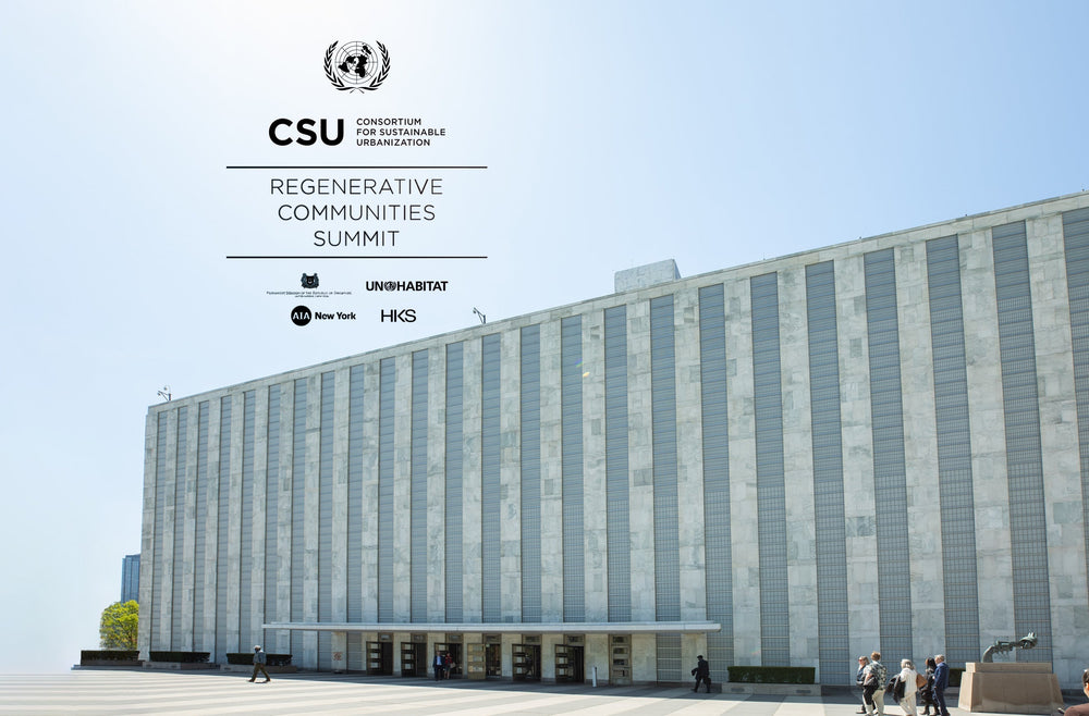 Regenerative Communities Summit event signage at the United Nations highlighting sustainable urban development initiatives