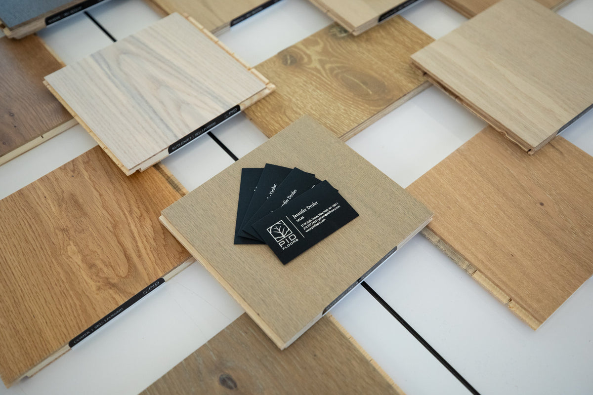Close-up image of various sustainable floor samples showcased by PID Floors at Studios Architecture