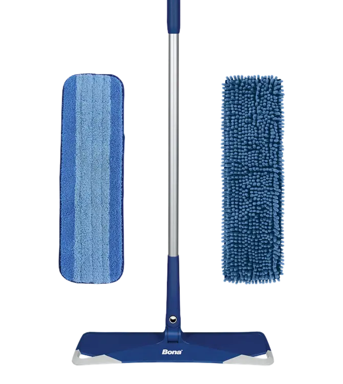 Blue cleaning mop with interchangeable heads on a white background