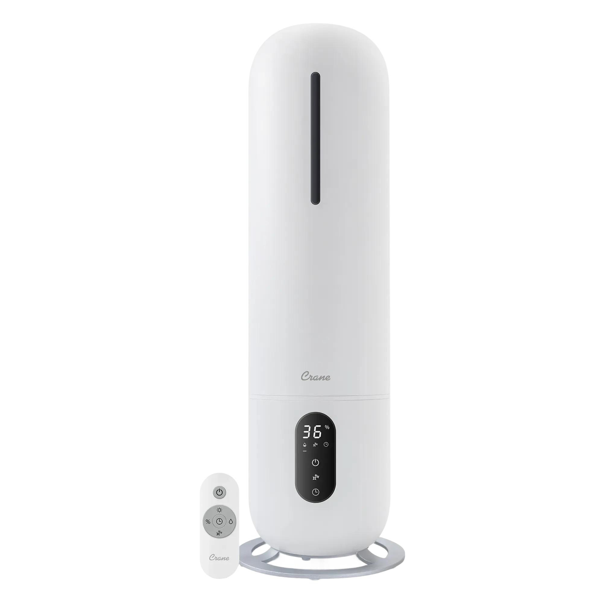 White humidifier with digital display and remote control on a white background