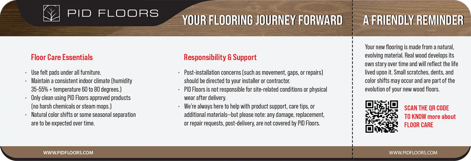 PID Floors product label with text and QR code on a brown background