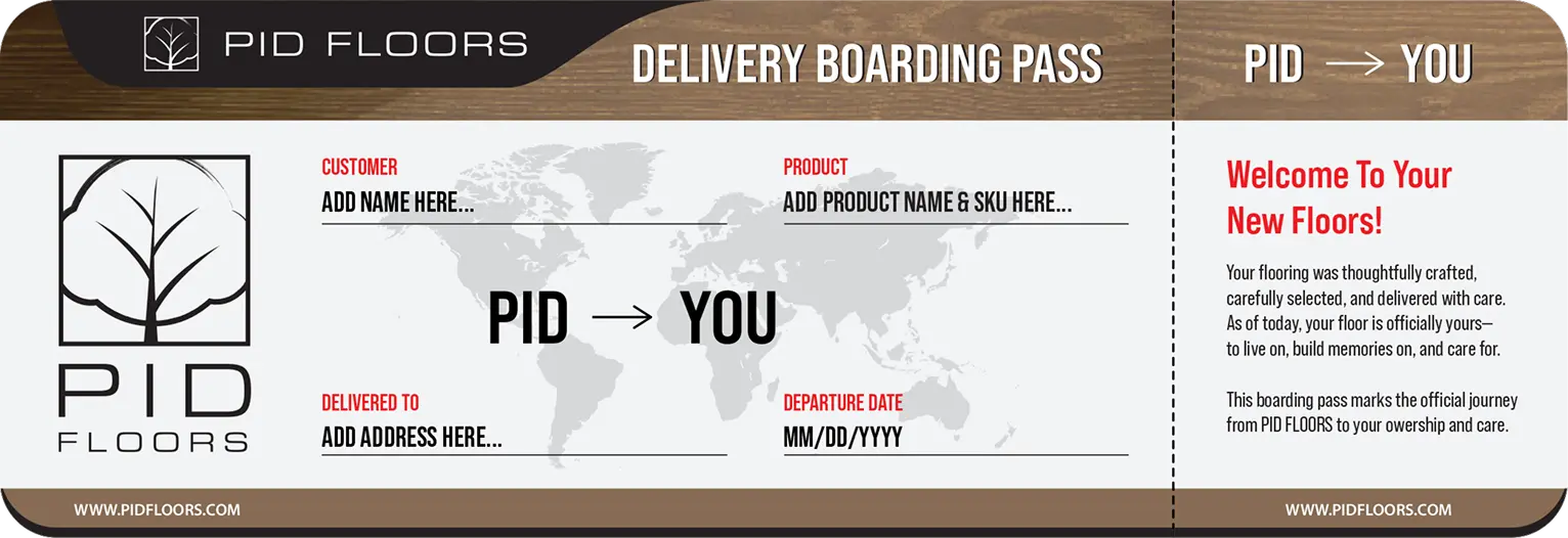 PID Floors delivery boarding pass with world map design